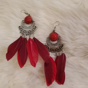 BOHO red Feather Earrings